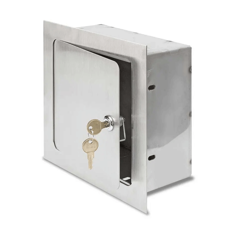 Recessed Valve Box with lock and key. Depth of the valve box can be modified for the valvels and controls.