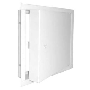 White metal wall cabinet door partially open, showing the inner mounting frame and hinge side