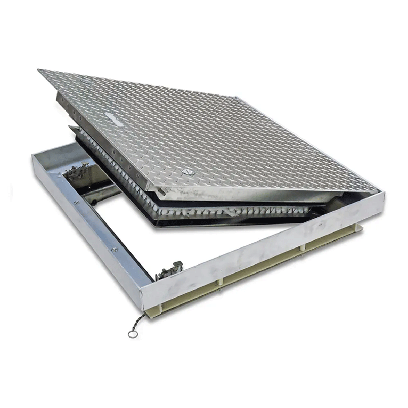Acudor FRFD Fire Rated Floor Doors have a flush aluminum diamond plate cover that is provided with a U.L. listed 165-degree fusible link for automatic closing and latching in the event of smoke or fire.