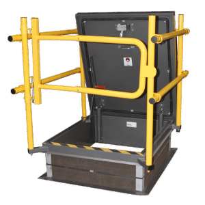 Roof Hatches with Safety Rails combine the RHG Series Roof Hatch with a Safety Rail and are one unit. The roof hatch and safety rail combination are designed with corner brackets welded to the counter flashing for easy assembly and installation of the safety railing and the self closing gate in the field. Safety rails and self closing gate are painted safety yellow