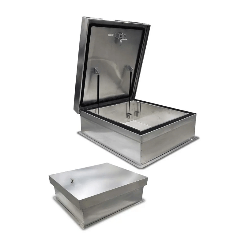 Acudor Thermally Broken Roof Hatch has insulation integrating a non-conductive separator between exposed exterior and interior surfaces, providing superior thermal performance and improved energy with a Heavy-duty aluminum pintle hinges with 3/8" Stainless Steel Pin and a 12" high curb