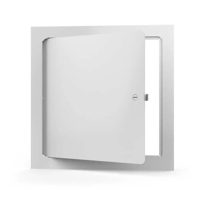Metal access door with a door that is flush to frame with rounded safety corners anda continuous concealed hinge