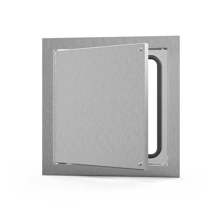 Prime coated access door tested for air filtration, exfiltration and water penetration with a continuous exposed piano hinge and gasketing