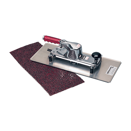 Air Rasp for rasping and leveling EIFS foam walls. A balanced 8" x 18" aircraft aluminum pad supported by a 5-point suspension generates 144 square inches of a full-contact EIFS Rasp. Special outriggers eliminate vibration.
