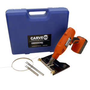 Carve 360 Cordless hot knife with a 6" groove adapter. Also shown with NWFW flat wire and 4" and 6" hot knife blade with a blue, hard plastic carrying case.
