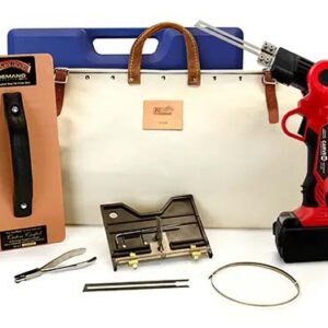 Carve 360 Rotating Hot Knife pro kit includes, cordless hot knife, lithium ion batteries, 6" groove adapter with guide, 4" and 6" straight blades, 3 feet flat wire, crimping pliers 6" Rasp, heavy duty canvas bag