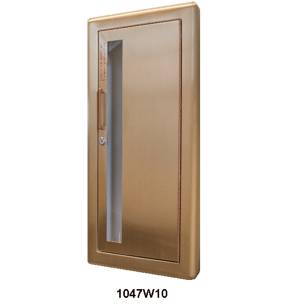upscale fire extinguisher cabinet in US10 Satin Bronze with a vertical duo doo