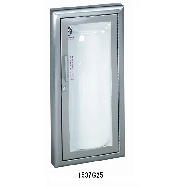 Clear Vu Fire Extinguisher Cabinet is a bubble cabinet with four trim styles, from fully recessed to surface mount. Stainless Steel Fire Extinguisher cabinet. The door has a fully acrylic glazing and a SAf T Lok, and a clear acrylic bubble