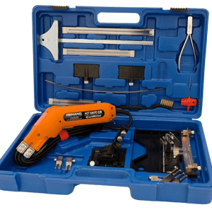 CutRite Hot Knife Master Kit includes CutRite Hot Foam Cutter Knife Tool, Blades, Groover Plates, Wire Crimping Tool, Angle Adaptor Guide, Flat Wire, a blue plastic carrying case, and more.