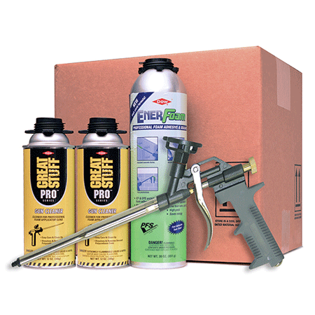 ENERFOAM 42 Foam Sealant is an adhesive for insulated concrete, foam, drywall, and sealing cracks and voids. The kit contains EnerFoam 42, a can of cleaner and a foam adhesive spray gun