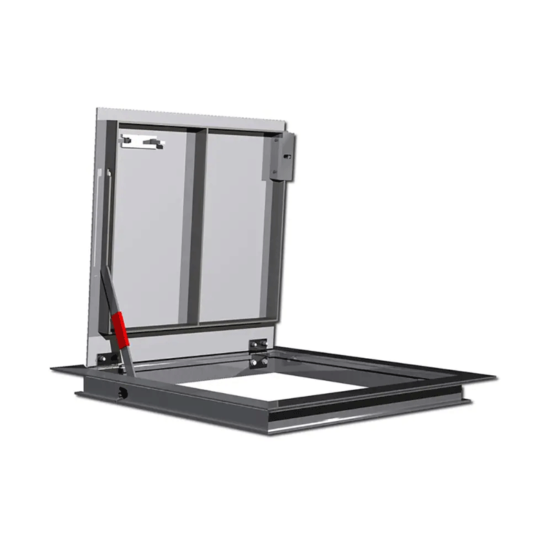 FA-300 Aluminum Floor Door has a diamond plate door panel is equipped with a flush aluminum drop handle and an automatic hold open arm with red vinyl grip.