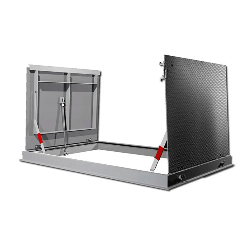Acudor FC-300 Channel Frame Floor Door with a double leaf diamond plate door panel and a hold open arm with red vinyl grip.