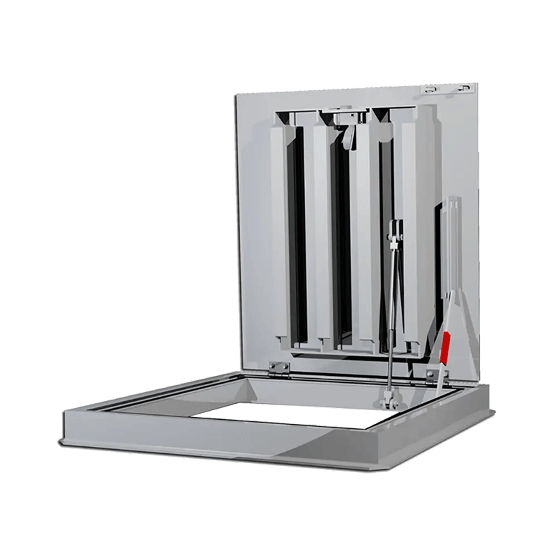 Acudor FC-H2O Aluminum Floor Door has channel frame construction with 1-1/2″ drainage coupling and integral anchor flange is designed to be cast into concrete.