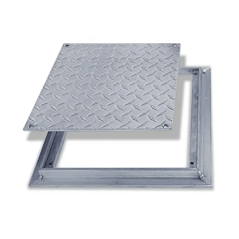 Acudor FD-8060 Aluminum Floor Door with a 1/4" Aluminum diamond plate reinforced for the live load of 150 pounds/sq. ft. and can be cast into concrete