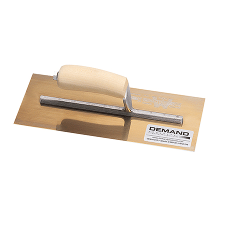 Marshalltown Golden Stainless Steel finishing trowel with a wood camel handle. 