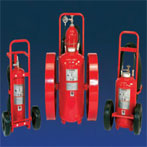 Portable, large-capacity fire extinguisher units contain specially fluidized and siliconized mono ammonium phosphate powder, which smothers and breaks the chain reaction on Class B fires, fuses and insulates Class A fires