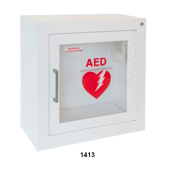 Protect an AED with a cabinet equipped with and door alarm set for tampering. Steel, surface mounted AED Cabinet with a surface mounted square edge