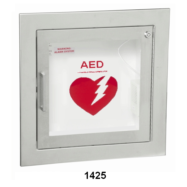 Protect an AED with a cabinet equipped with and door alarm set for tampering. Aluminum AED Cabinet with a 3/8" Flat Trim. Also available as a fire-rated AED cabinet