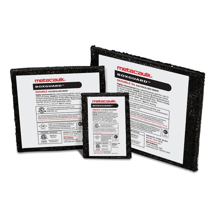 Metacaulk® Box Guard™ is a one-component fire-rated pad for use in electrical boxes. When exposed to fire, it expands and forms a char that seals the opening, prevents the spread of flames, and limits temperature rise on unexposed surfaces. Sized for single electrical box, double electrical box