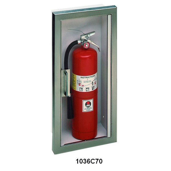 Stainless Steel Fire Extinguisher Cabinet with 1-1/2" square trim and a clear, unlettered door