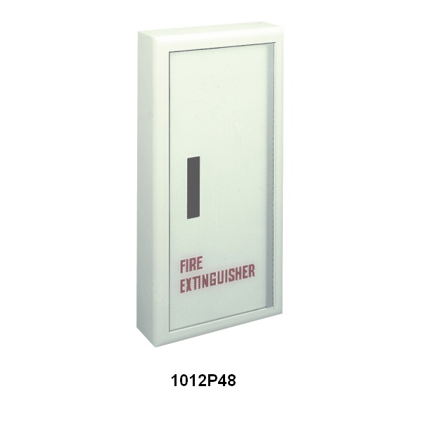 Steel Fire Extinguisher Cabinet with 4" rolled trim and textured obscure acrylic with red lettering, and standard flush pull