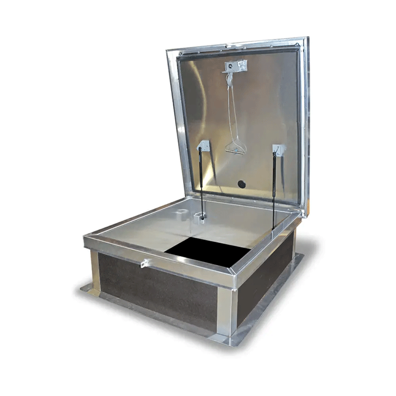 Acudor RHA Aluminum Roof Hatch with insulation and a continuous EPDM foam weather/draft seal gasket that is attached to the inside of the cover to provide a flush, tight fit.The curb is 12" high, with a 3.375" wide bottom flange and pre-drilled mounting holes.