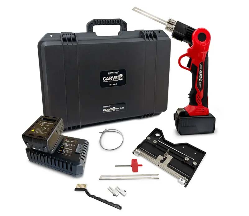 Carve 360 rotatable Cordless hot knife with a 6" groove rotatable adapter. Also shown with NWFW flat wire and 4" and 6" hot knife blade with a black hard plastic carrying case.