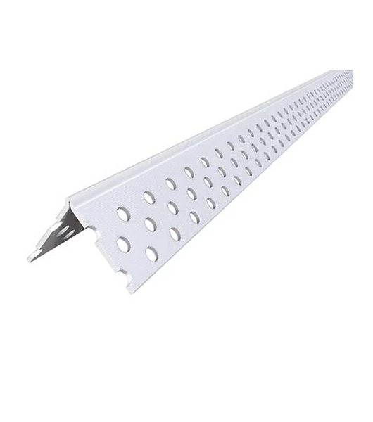 Long perforated metal angle strip with evenly spaced circular holes, tapering toward the far end; used as edge protection or support in construction.