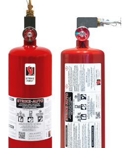 Two red fire extinguishers with pressure gauges and labels shown against a white background.