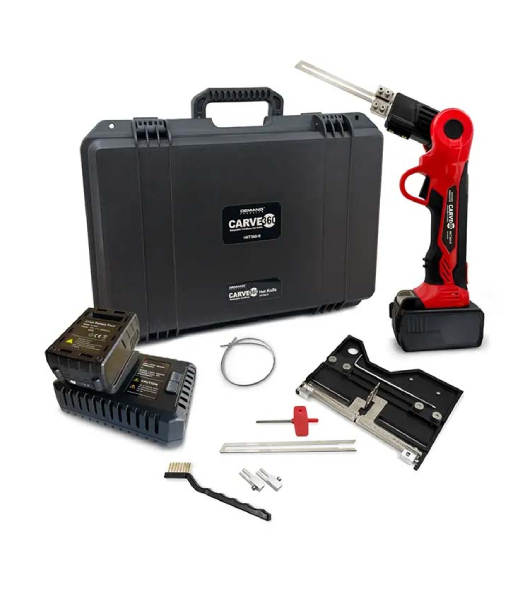Carve 360 rotatable Cordless hot knife with a 6" groove rotatable adapter. Also shown with NWFW flat wire and 4" and 6" hot knife blade with a black hard plastic carrying case.