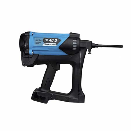 Thermal-Grip-IP40_Tool - eBuildingProducts Blue and black nail gun with a pistol grip on a white background.