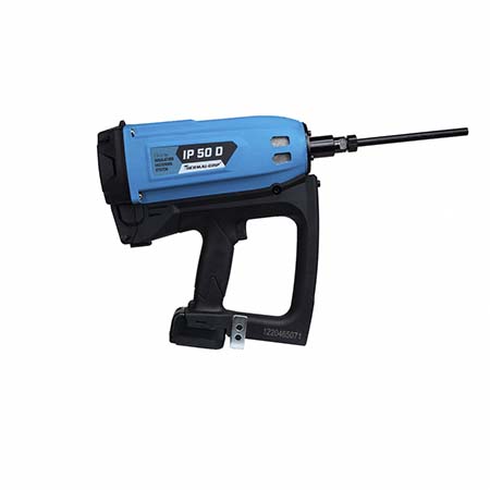 Thermal-Grip-IP50-Tool - eBuildingProducts Blue pneumatic nail gun with black grip and forward barrel, used for driving nails into materials.