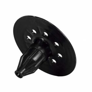 Black plastic hub with a circular disk and star-shaped central axle, featuring several small holes around the edge