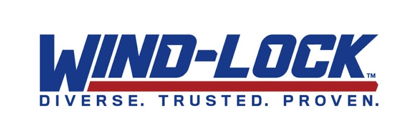 Wind-Lock brand logo: bold blue wordmark with a red underline and the slogan 'Diverse. Trusted. Proven.'