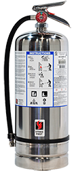 Portable fire extinguisher with a hose and a label showing usage instructions and safety pictograms
