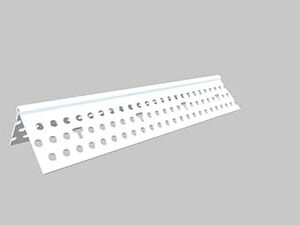 White perforated metal ruler/gauge with many round holes, resting on a gray background.