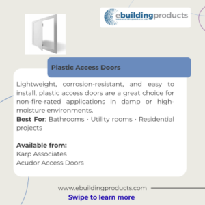 Infographic about Plastic Access Doors: a white hinged door image, headline and description stating lightweight, corrosion-resistant doors for bathrooms, utility rooms, and residential projects, plus source logos.