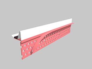 Pink perforated drywall corner bead with white edging, shown from an angled side view.