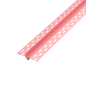 Pink perforated metal strut channel used to support electrical conduits or hanging systems in construction.
