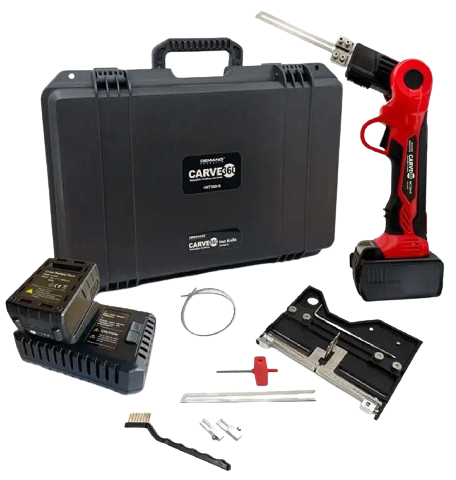 Carve 360 tool kit: black hard case with labelled Carve 360, red cordless torch, battery charger, and assorted blades and accessories laid out in front.