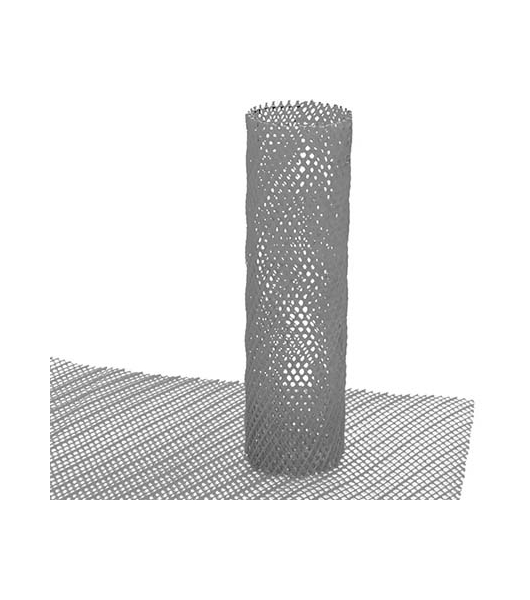 Perforated metal cylinder standing upright on a perforated metal sheet.